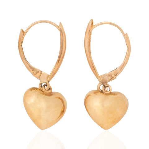 Vintage 14K yellow gold puffy heart drop earrings on lever backs