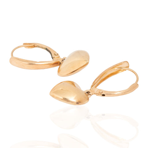 Vintage 14K yellow gold puffy heart drop earrings on lever backs – alternate view 3