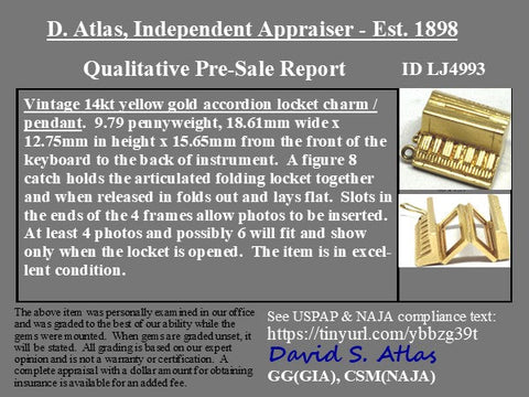 Collector’s accordion charm in solid gold, unfolding to reveal six miniature photo slots.