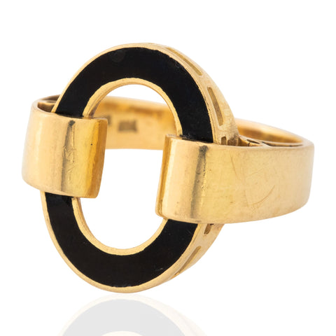 Vintage Italian black enamel open ring in 18kt yellow gold