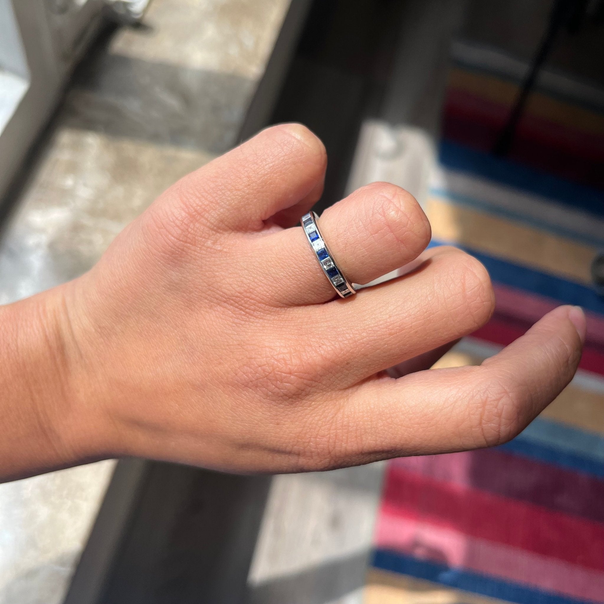 Vintage Carre Cut Diamond & Sapphire Eternity Band by Tiffany & Co.