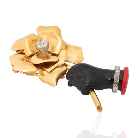 Vintage Cartier Paris flower in hand brooch, gold, black and red enamel, diamonds – alternate view 3