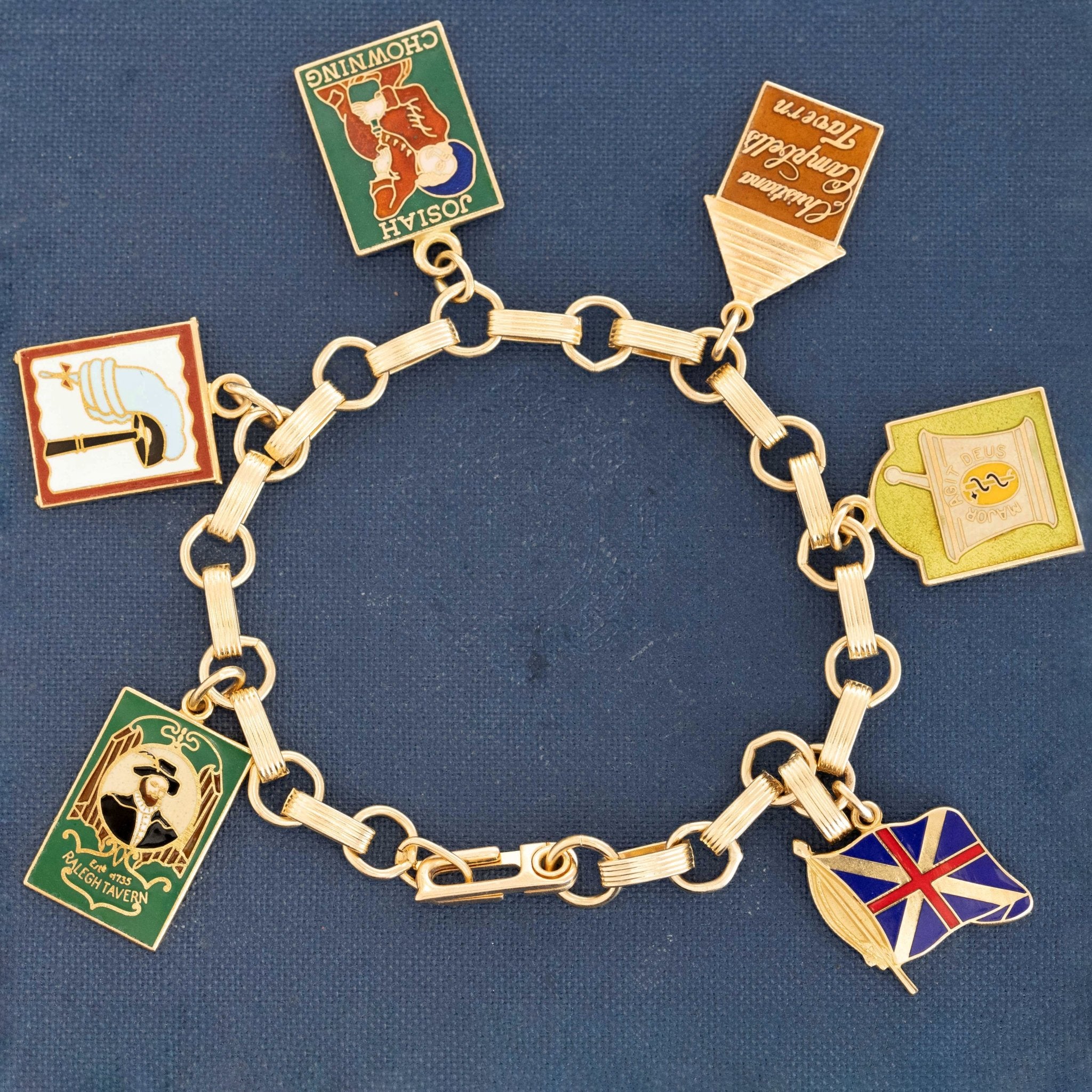 Vintage English enamel charm bracelet with colonial tavern motifs