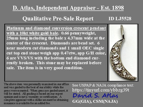 Vintage diamond crescent moon charm in platinum with gold bale – alternate view 3