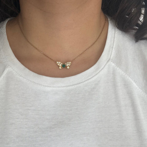 Vintage 1970s Van Cleef & Arpels diamond and emerald butterfly pendant necklace in 18kt yellow gold – alternate view 2