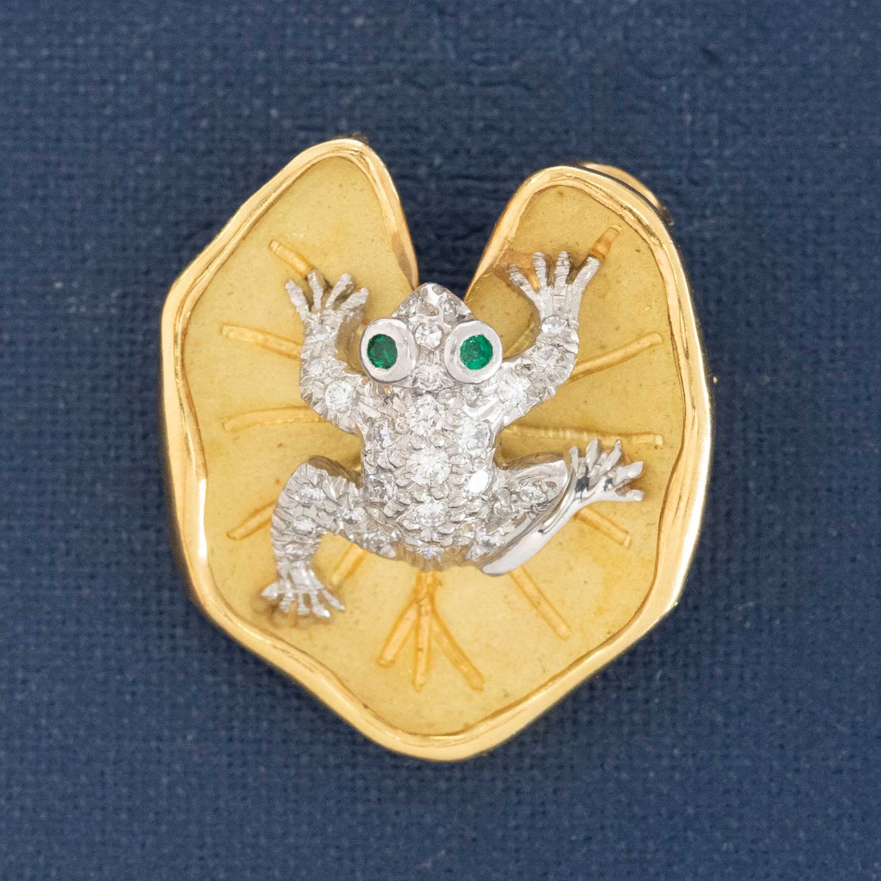 Vintage gold frog-on-lily-pad brooch with diamond pavé and emerald eyes