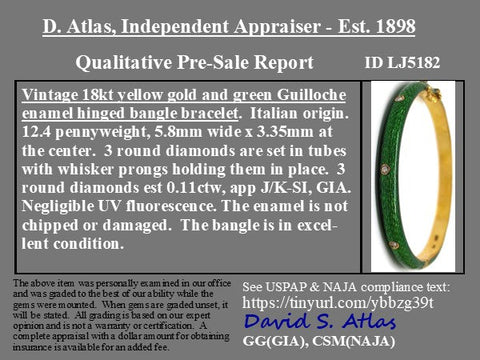 Vintage Diamond Green Enamel Bangle, Italian