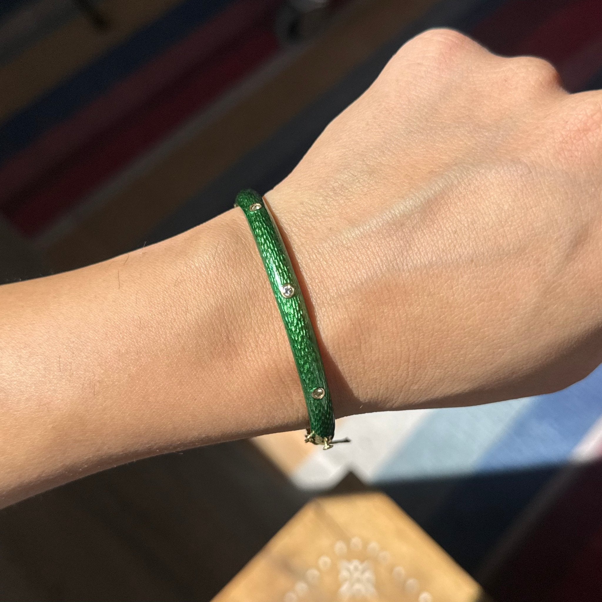 Vintage Diamond Green Enamel Bangle, Italian