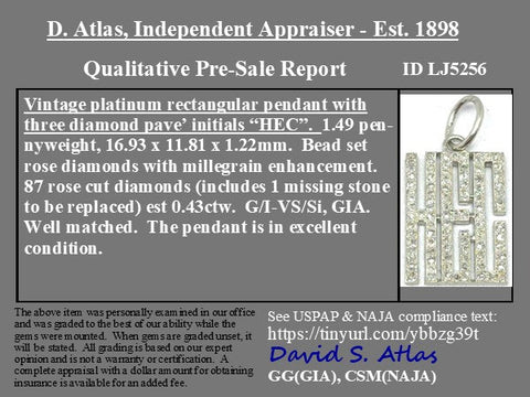 Vintage Diamond "HEC" Letter Initials Charm