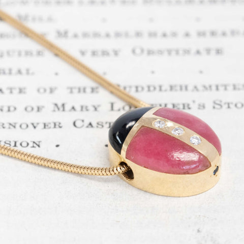 Vintage Diamond, Rhodochrosite & Onyx Ladybug Pendant