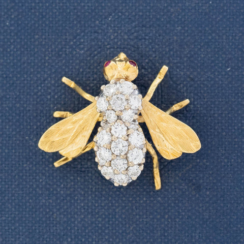 Vintage Herbert Rosenthal diamond bee brooch with ruby eyes in 18kt yellow gold
