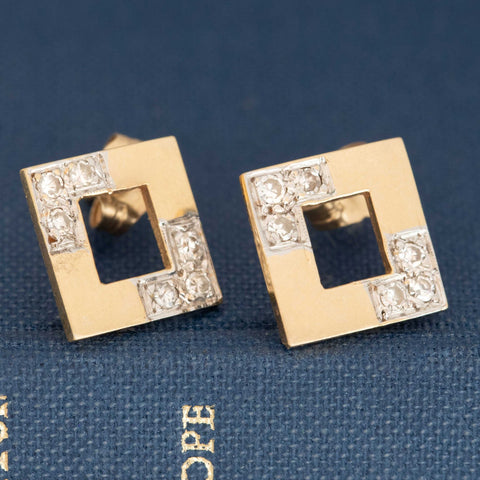Vintage Diamond Square Frame Stud Earrings