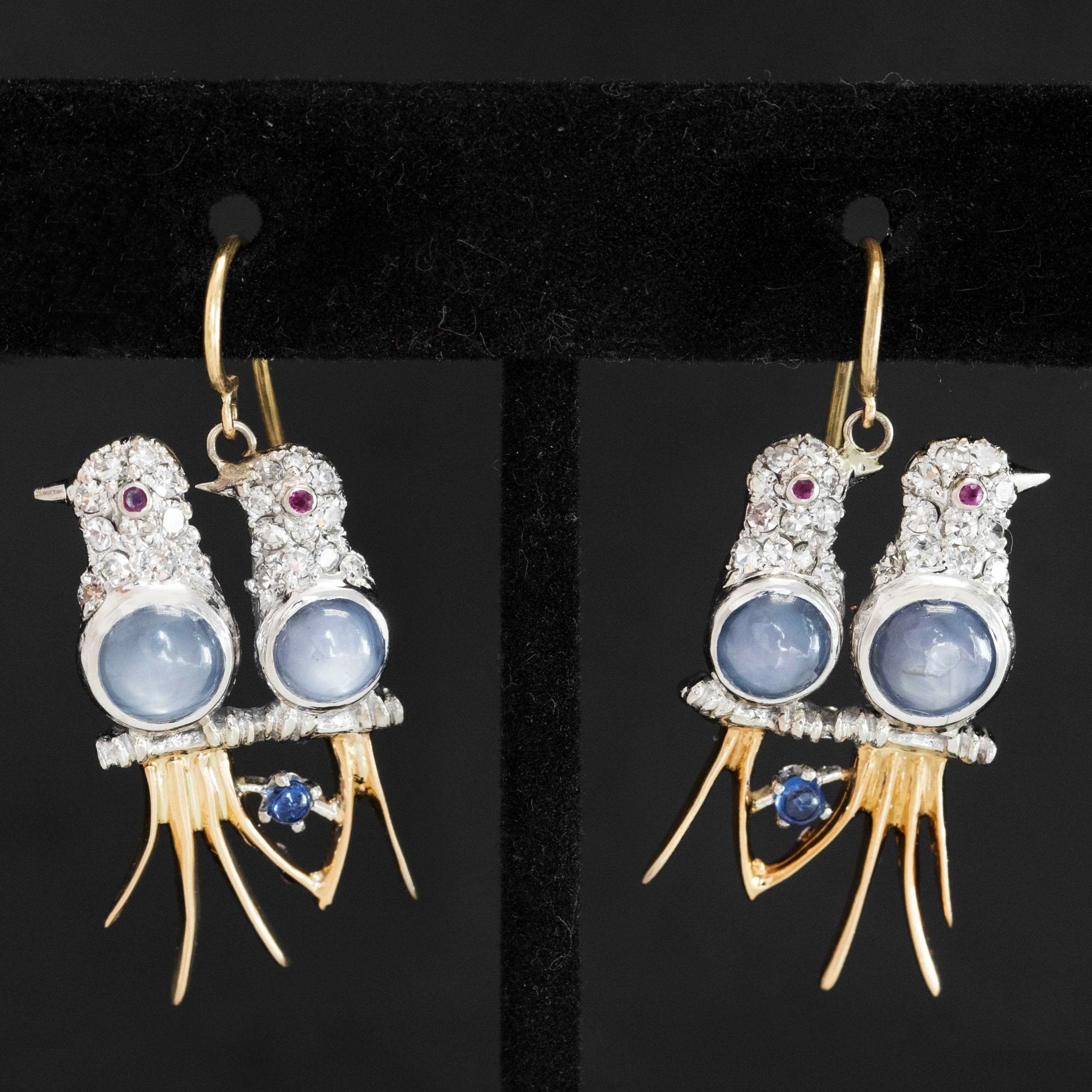 Vintage Diamond & Star Sapphire Lovebird Earrings