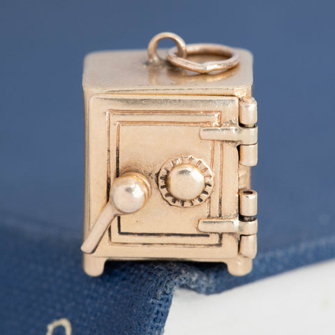 Vintage dollar safe charm with 1935 dollar bill inside in 14kt yellow gold