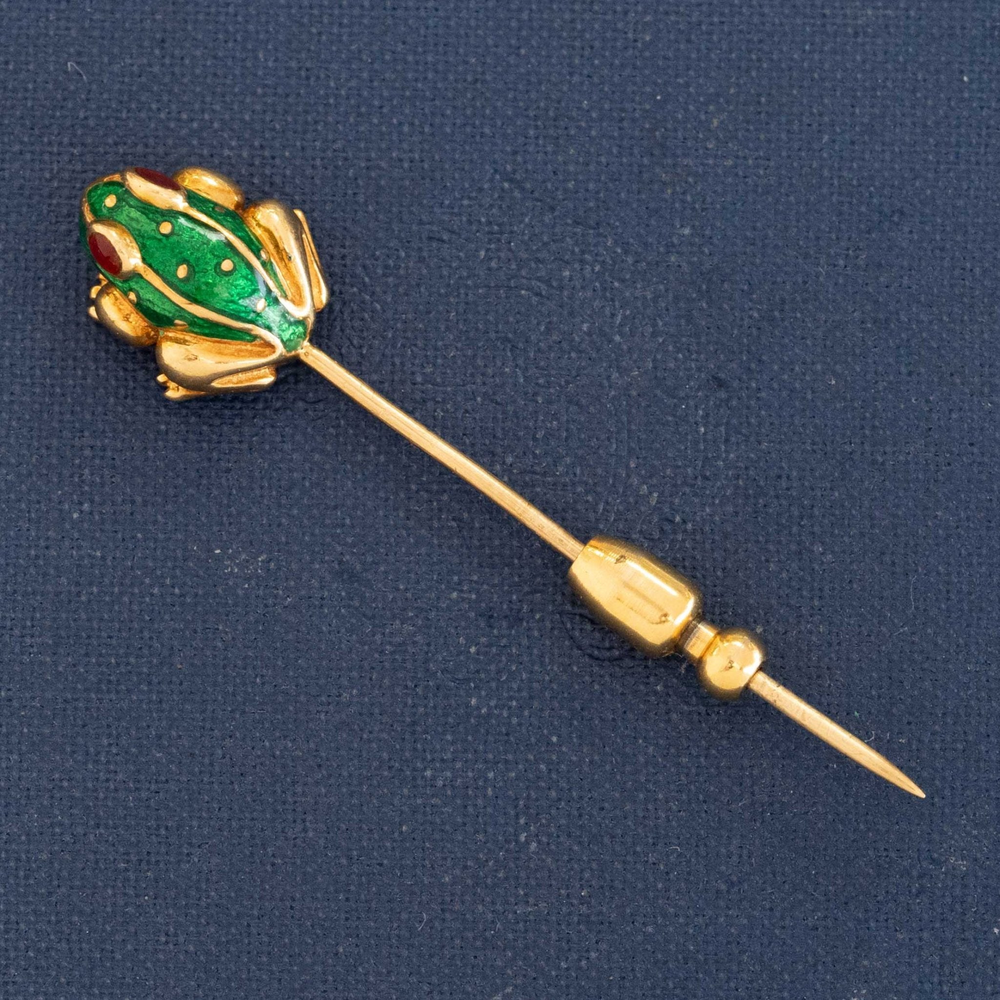 Vintage David Webb enamel frog pin in 18K yellow gold with ruby eyes, signed Webb 18K, from his iconic animal collection.