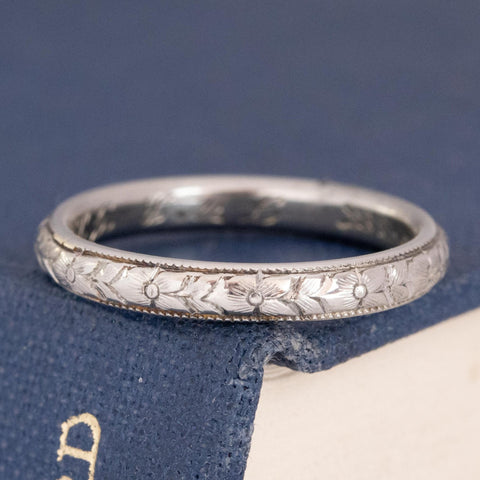 Vintage floral etched scalloped wedding band in 18kt white gold, engraved 1916