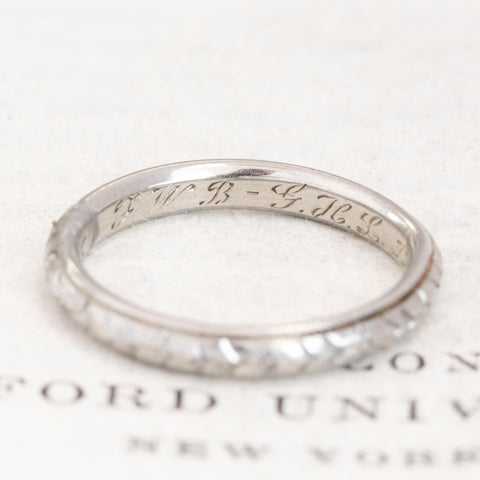 Vintage floral etched scalloped wedding band in 18kt white gold, engraved 1916 – alternate view 4