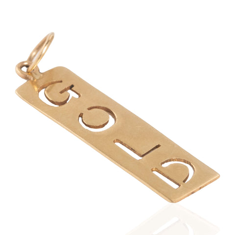 A vintage gold rectangular pendant charm with the word 'GOLD' cut out in a stylized font, featuring a small loop at the top for a chain, shown on a white background with a faint reflection.