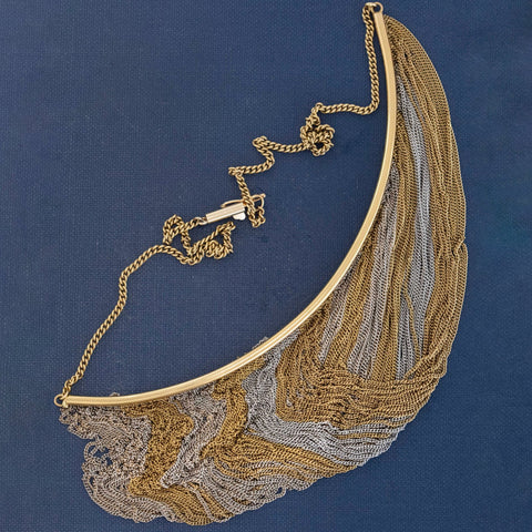 Vintage Gold Bib Fringe Necklace, Italian