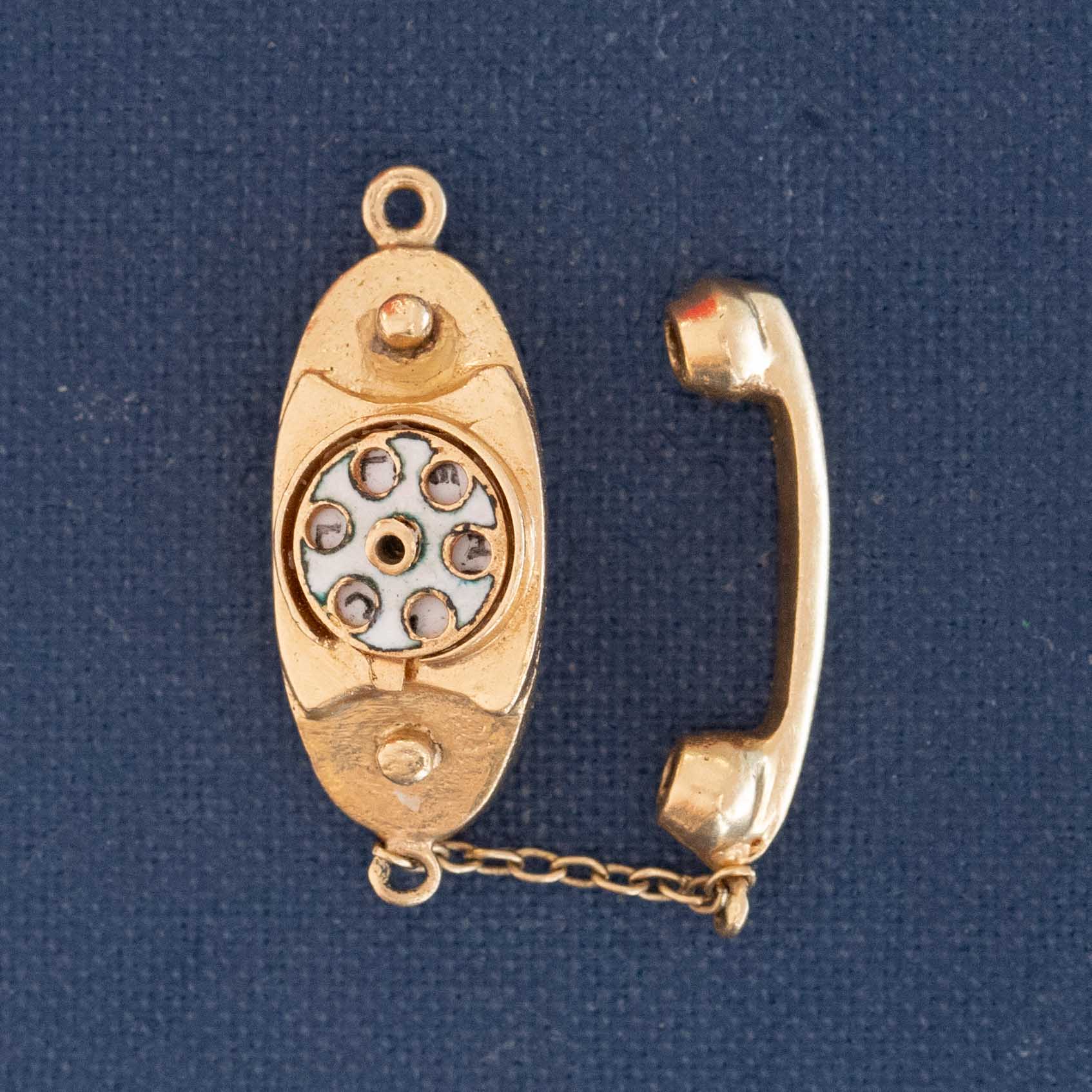 Vintage 14k yellow gold rotary phone charm with ‘I Love You’ dial