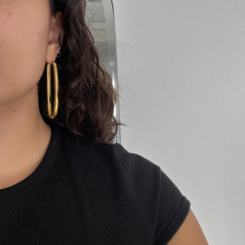 Vintage Italian jumbo elongated drop hoop earrings in 14kt yellow gold – alternate view 2