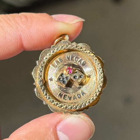 Vintage Las Vegas Nevada dice medallion in 14kt yellow gold with pink stone – alternate view 2