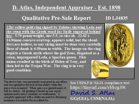 A vintage high karat signet ring  by designer Zolotas depicting "Leda and the swan."  One of a kind and a rare jewel.