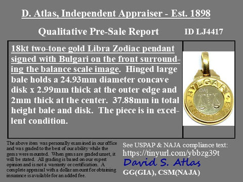 Vintage Bvlgari Libra zodiac pendant crafted in Italy from 18‑karat yellow gold with a contrasting stainless‑steel or white‑gold outer ring. The circular disc is engraved with the BVLGARI logo and features the Libra scales motif at the centre, and it bears hallmarks such as ‘Made in Italy’ and ‘750’.  Measuring roughly 1.23 inches in diameter and weighing about 13 grams, the pendant is numbered on the reverse and hangs from a substantial bail for easy wear as a charm or necklace.  