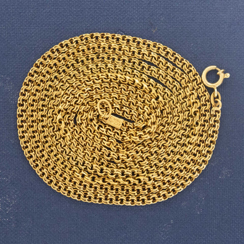 Cartier long fancy link chain close-up of link detail 18 kt yellow gold