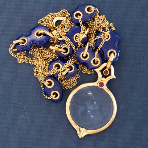 Vintage Loupe Pendant & Lapis Long Chain, by Paul Morelli