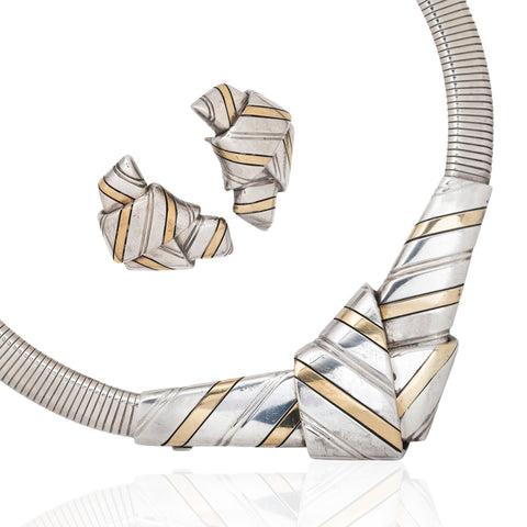 Vintage 1970s Cartier modernist ribbon necklace and earrings set in sterling silver and 18kt yellow gold