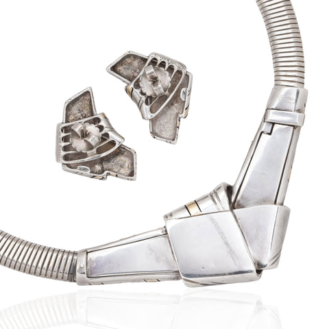 Vintage 1970s Cartier modernist ribbon necklace and earrings set in sterling silver and 18kt yellow gold – alternate view 7