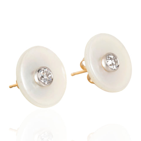 Vintage Old European Cut Diamond Mother of Pearl Stud Earrings