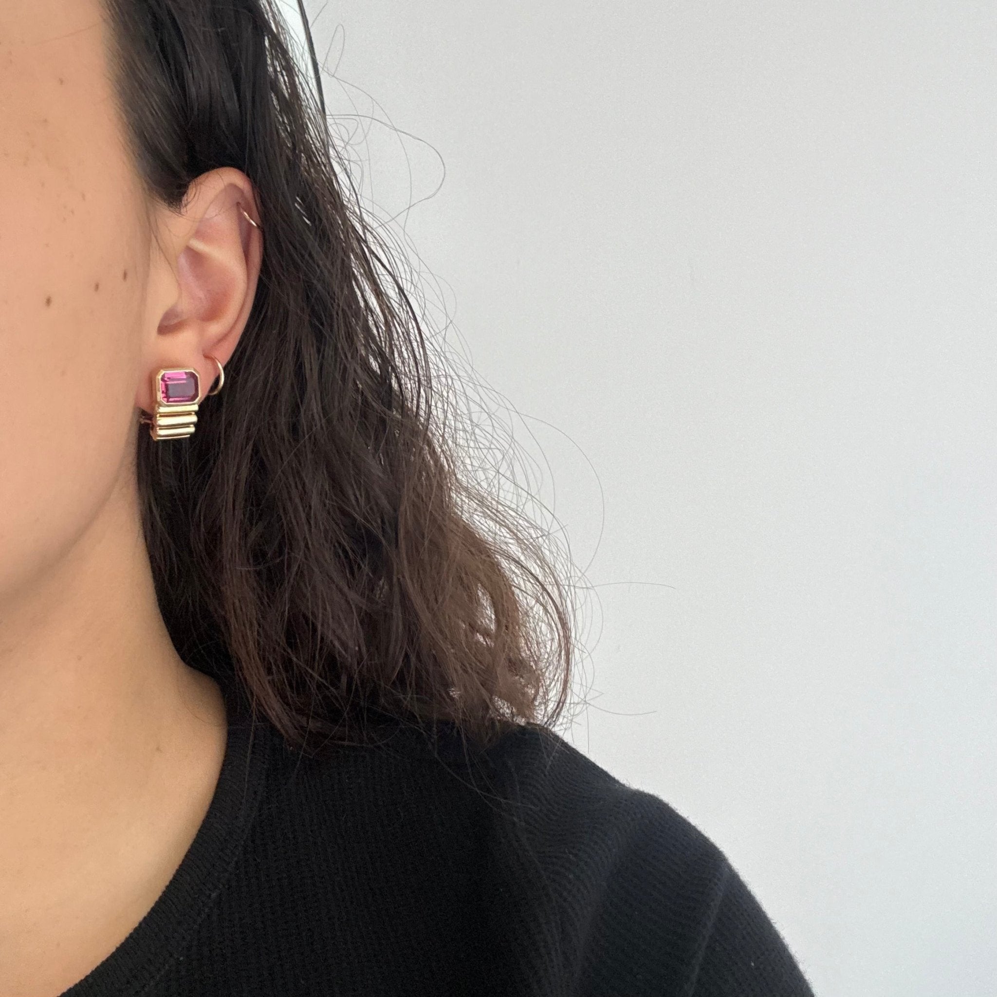 Vintage Pink Tourmaline Bezel Fluted Earrings, Italian