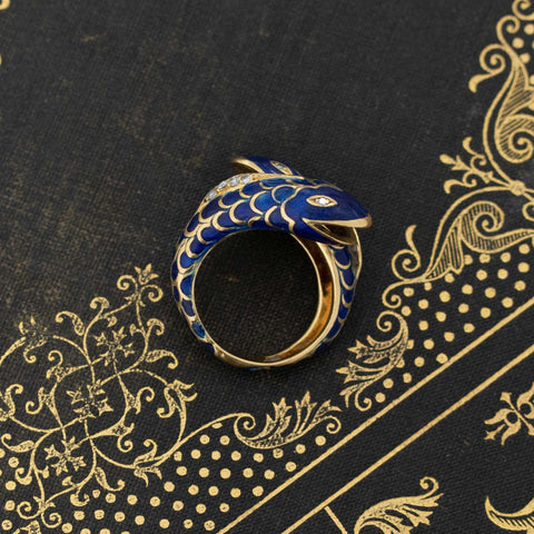Vintage Pisces Blue Enamel & Diamond Bypass Ring by Fred Paris