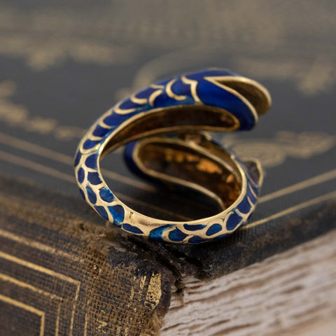 Vintage Pisces Blue Enamel & Diamond Bypass Ring by Fred Paris