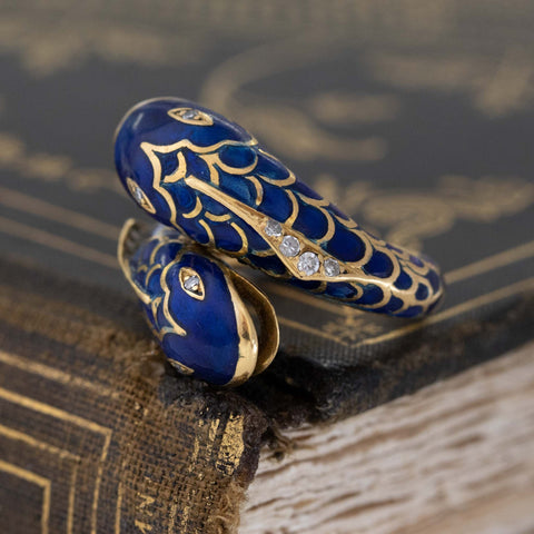 Vintage Pisces Blue Enamel & Diamond Bypass Ring by Fred Paris