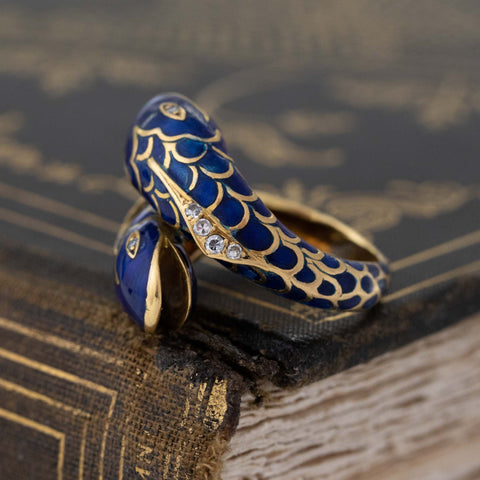 Vintage Pisces Blue Enamel & Diamond Bypass Ring by Fred Paris
