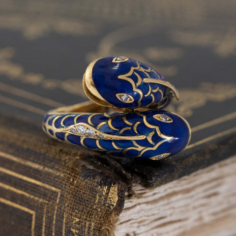 Vintage Pisces Blue Enamel & Diamond Bypass Ring by Fred Paris