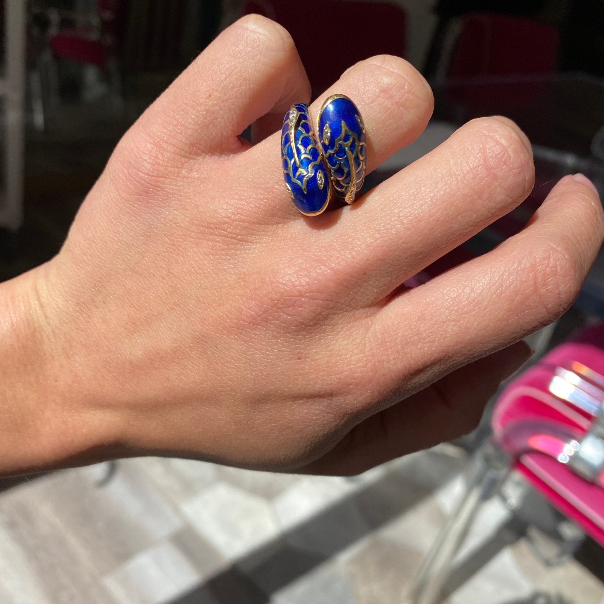Vintage Pisces Blue Enamel & Diamond Bypass Ring by Fred Paris