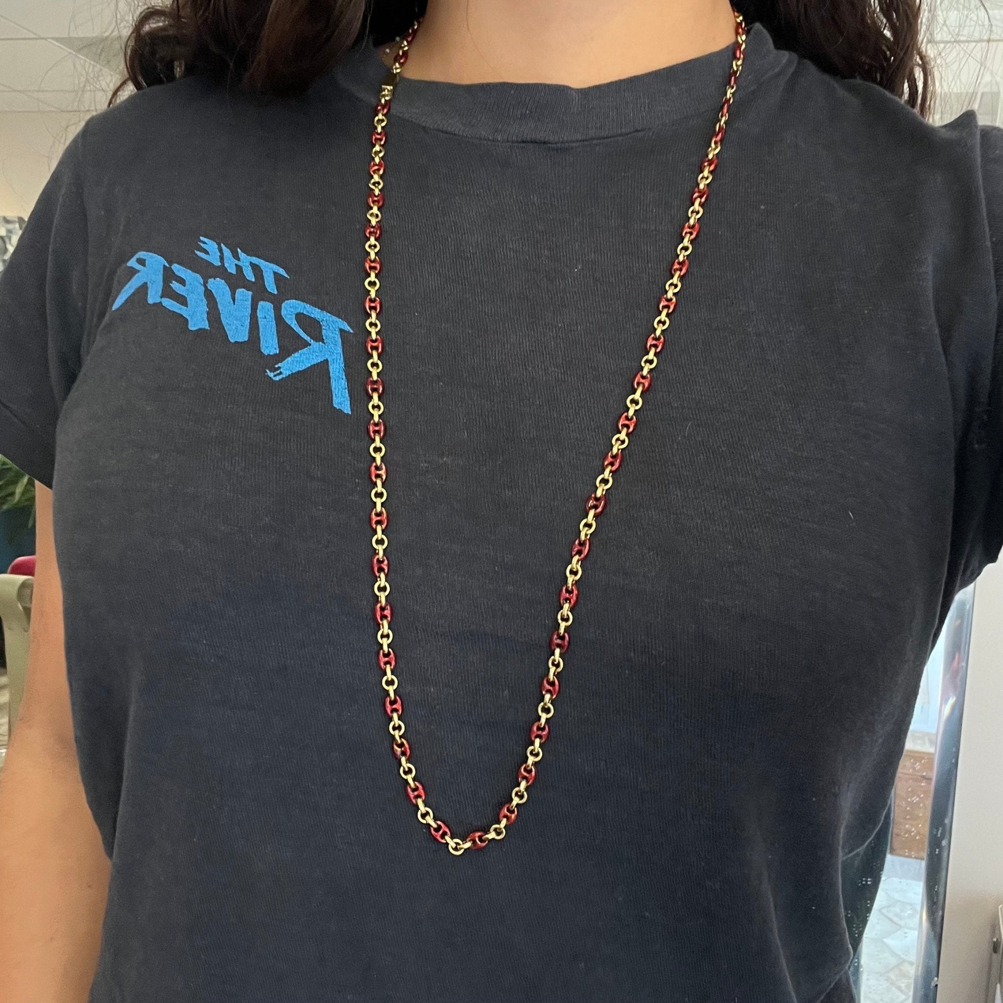 32" Vintage Red Enamel Gold Mariner Link Chain – Solid 18k Yellow Gold