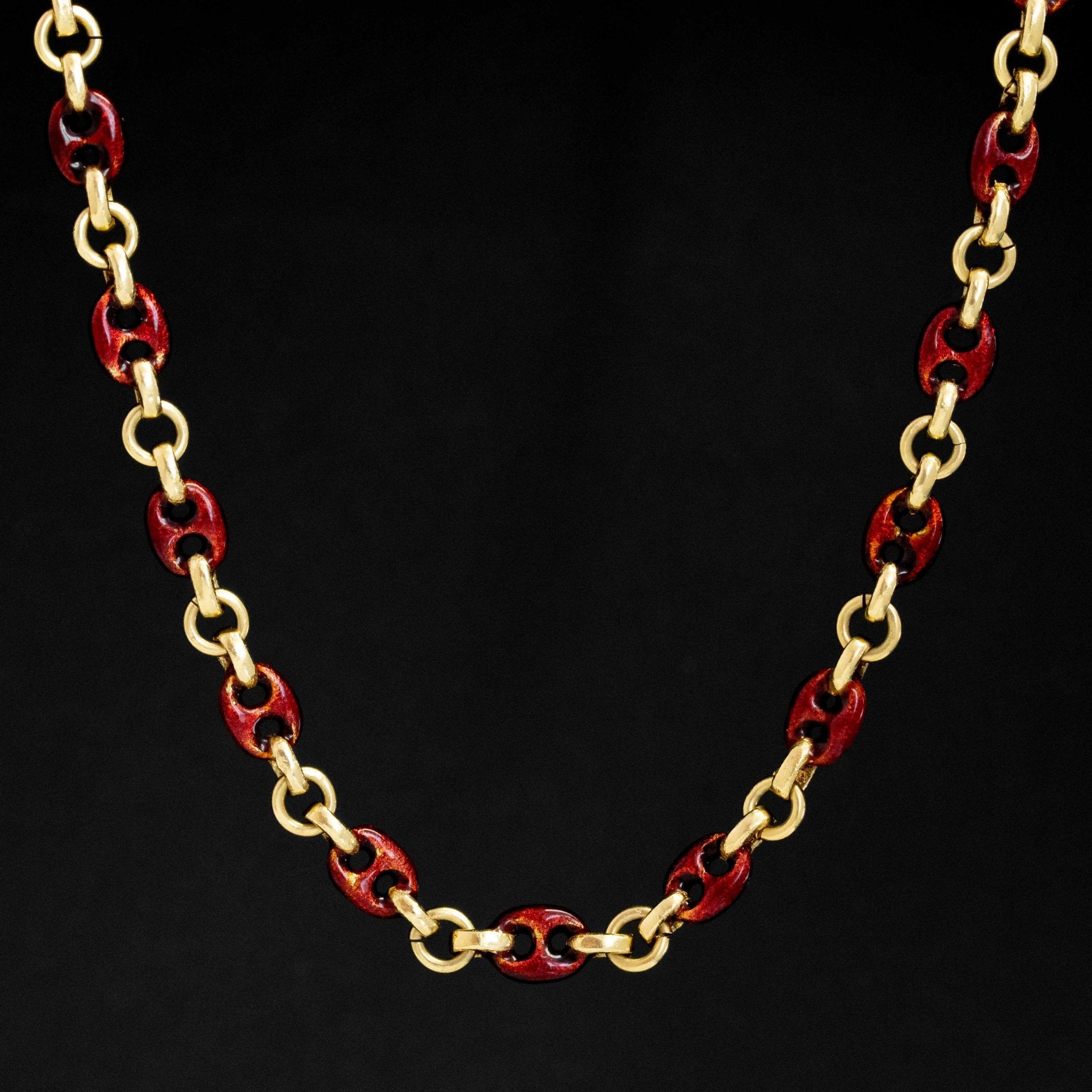Vintage Red Enamel Mariner Link Chain — 18kt Yellow Gold, 32" Length, 70g