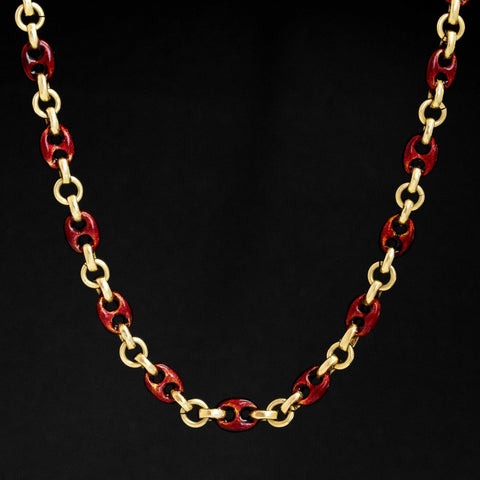 Vintage Red Enamel Mariner Link Chain — 18kt Yellow Gold, 32" Length, 70g