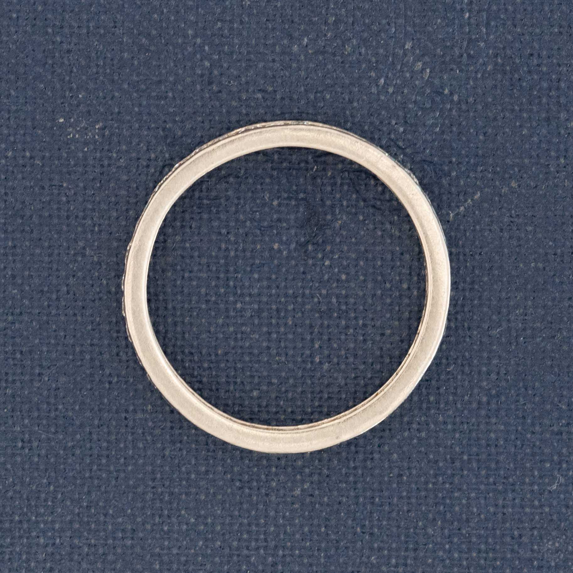 Close-up of round brilliant diamonds around full eternity band Tiffany