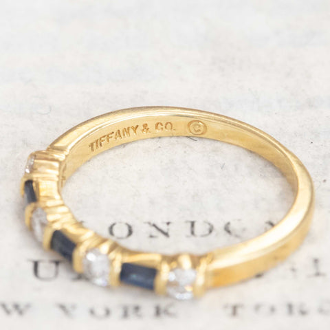 Vintage Round Cut Diamond & Sapphire 7-Stone Band by Tiffany & Co.