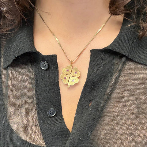 Vintage Ruby & Sapphire Four Leaf Clover Pendant