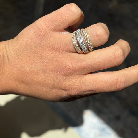 Vintage triple row pave diamond ring, 1.55ctw, 18K yellow and white gold – alternate view 2
