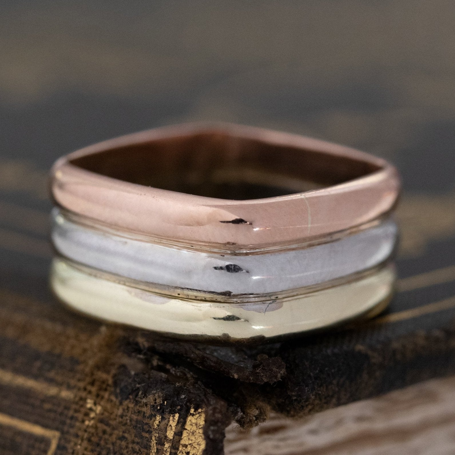 14kt vintage triple tone gold triple row square band.