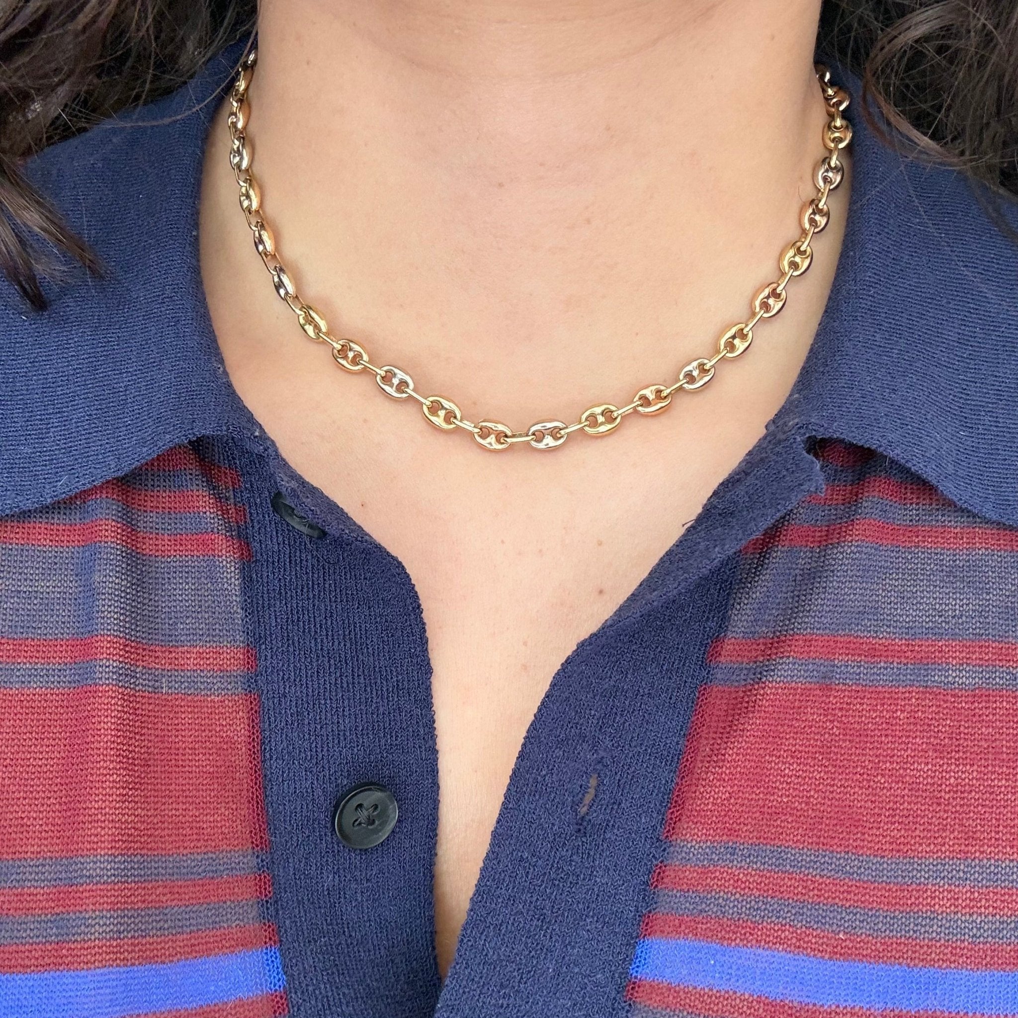 Vintage Triple Tone Mariner Link Chain Necklace, Italian