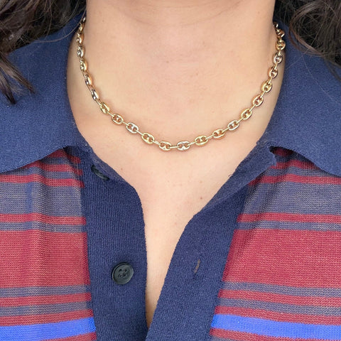 Vintage Triple Tone Mariner Link Chain Necklace, Italian